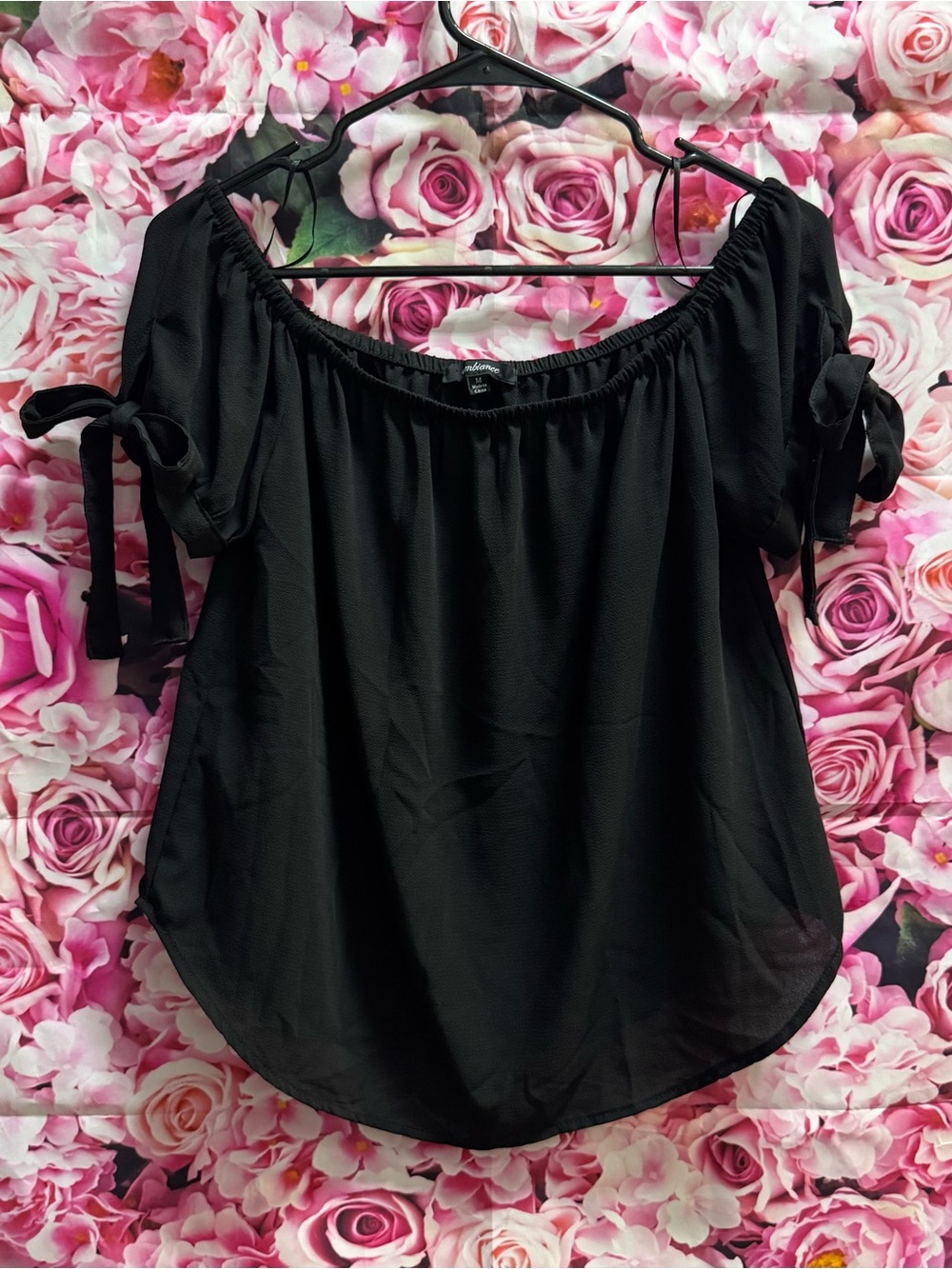 Ambiance Black Off-Shoulder Tie Sleeve Blouse